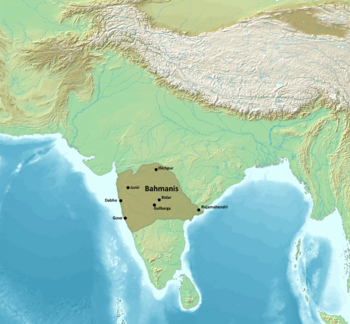 The Bahmani Sultanate at its greatest extent in 1473 under regent Mahmud Gawan