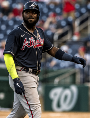 Marcell Ozuna looks to fans from Nationals vs. Braves at Nationals Park, April 6th, 2021 (All-Pro Reels Photography) (51102667320) (cropped).png