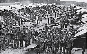 Officers of No 1 Squadron, RAF with SE5a biplanes at Clairmarais aerodrome, near Ypres, July 1918
