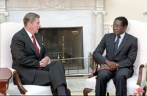 President Ronald Reagan meeting with Prime Minister Robert Mugabe of Zimbabwe