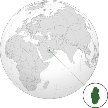 Location and extent of Qatar (dark green) on the Arabian Peninsula