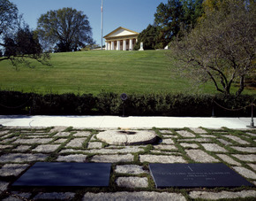 Robert E. Lee's onetime home, Arlington House, looms above the Kennedy Family gravesite at Arlington National Cemetery LCCN2011633148