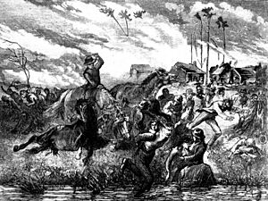 The Peshtigo Fire showing people seeking refuge in the Peshtigo River