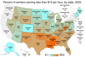 US map. Percent of workers earning less than $15 per hour, by state