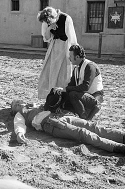 Actors in a death scene at Corriganville Movie Ranch, California, 1963