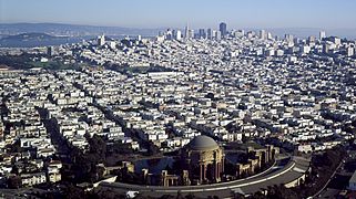 Aerial view of San Francisco, California with the Palace of Fine Arts in the foreground (cropped)