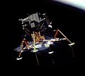 Apollo 11 Lunar Module Eagle in landing configuration in lunar orbit from the Command and Service Module Columbia