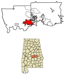 Location of Prattville in Autauga County and Elmore County, Alabama.