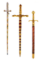 Three swords: one of gold and silver appearance covered in stones, the others red with gilded handles and decorations