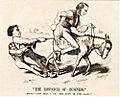 A caricature showing Gladstone on a donkey, marked "reform", being held back by Disraeli and a working-class man, who are holding the donkey's tail