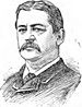 Drawing of a white man with hair parted in the center and a mustache, wearing a suit coat over a shirt and tie.