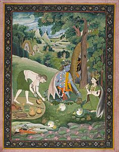 Indian, Rama, Lakshmana, and Sita Cooking and Eating in the Wilderness (c. 1820), gouache with gold on paper, 21.6 × 16.5 cm., MFA, Houston