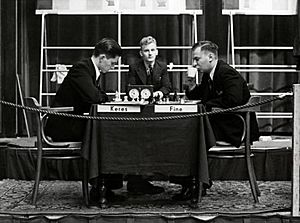 Chess in Pictures - Viktor Korchnoi, Anatoly Karpov, Tigran Petrosian and  Lev Polugaevsky at the closing ceremony of the 41st USSR Chess  Championship. Boris Spassky won the tournament 11½/17. Moscow, USSR 1973. (