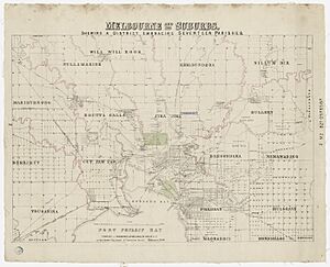 Melbourne and its suburbs, shewing (sic) a district embracing seventeen parishes, 1858