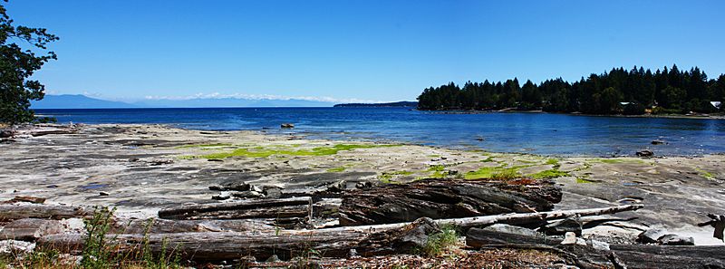 Newcastle Island looking towards the Georgia Strait/Salish sea, with lower mainland coastal mountains in the background