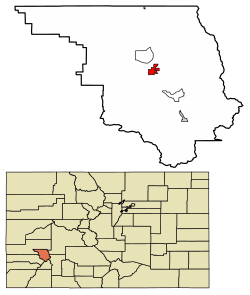 Location of Ridgway in Ouray County, Colorado.