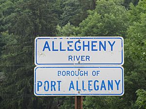 Signs at the bridge where Route 155 joins Route 6, Port Allegany, PA
