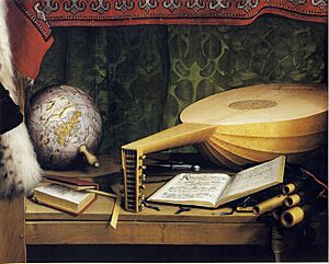 The Ambassadors, detail of globe, lute, and books, by Hans Holbein the Younger.jpg