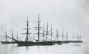 The Pagoda Anchorage, Foochow, in 1866. The Tea Clippers lined up awaiting their cargo. Pictured L to R - The 'Black Prince', 'Fiery Cross', 'Taitsing', 'Taeping', and 'Flying Spur'. PRG-1373-4-67 (cropped and title corrected)
