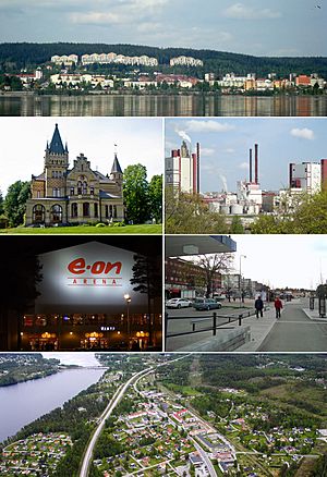 Timrå montage, Top:Panorama view of downtown Timrå, from Alnön area, 2nd left:A native house and museum in Merlo Slotto, 2nd right:A headquarters in Östrands pulp (Östrands massafabrik), 3rd left:Sydkraft Arena (E.ON Arena), 3rd right:Köpmansgatan Square, Bottom:Aerial view over Sörberge with Indalsälven left and Fairhaven in the upper right corner