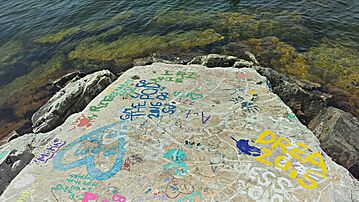 Vandalized breakwater near the Anderson Dock in Ephraim, Door County, Wisconsin
