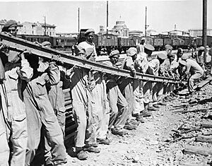 A week before the German surrender in Italy, sappers of 136 Indian Railway Maintenance Company set about repairing some of the extensive damage in the railyards of Bologna, Italy