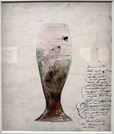 Atelier di disegno di émile gallé a nancy, vaso con trota e mosca, 1885-1900 ca