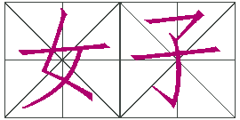 The compound character 好 illustrated as its component characters 女 and 子 positioned side by side