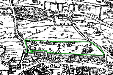 Covent Garden from the Ralph Agas 1572 map of London - marked