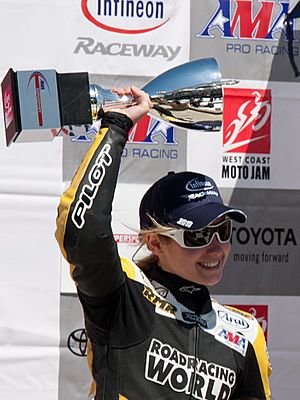 Elena Myers after winning Race 1 Round 4 of 2010 AMA Pro Supersport Championship cropped.jpg