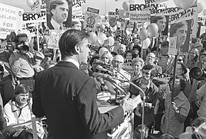 Gubernatorial candidate Jerry Brown speaking at political rally, 1974