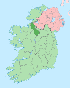 County Leitrim shown in darker green with Northern Ireland in pink
