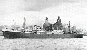 MV Gambia Palm (1937) on the River Mersey in front of Liverpool's Liver Building