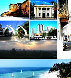 Clockwise: Fort Jesus, Mombasa Town Hall, Mombasa Old Town, Nyali beach, sunset panorama, Moi Avenue's elephant tusks and Downtown Mombasa