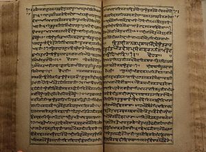 Photograph of folios (likely from a Sikh scripture) written Larivar (scriptio continua) Gurmukhi script