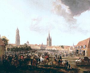 Pieter Wouwerman - Gezicht op de Paardenmarkt te Delft