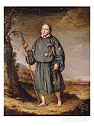 Portrait of a Gentleman as a Pilgrim, on a Track, Holding a Staff with a Gourd and a Bible, 1836 by Edward Daniel Leahy