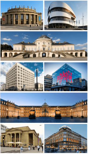Clockwise from top left: Staatstheater Stuttgart, Mercedes-Benz Museum, Schloss Solitude, Kunstmuseum Stuttgart, Neues Schloss, Marquardtbau, Königsbau, Stadtbibliothek