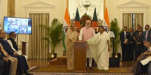 The Prime Minister, Shri Narendra Modi, the Prime Minister of Bangladesh, Ms. Sheikh Hasina and the Chief Minister of West Bengal, Ms. Mamata Banerjee at Hyderabad House, in New Delhi on April 08, 2017