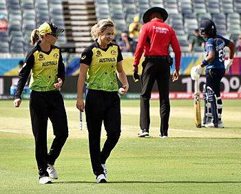 Perry (right) with Meg Lanning during the 2020 ICC Women's T20 World Cup at the WACA