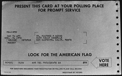 A photo of the card issued to Nixon by the registrar of voters for the 1972 election. - NARA - 194462