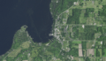 Aerial view of most of the village of Egg Harbor and part of the adjacent town of Egg Harbor in Door County, Wisconsin 2020 (cropped)