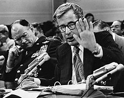 Defense Secretary Harold Brown and Joint Chiefs of Staff Chairman General George S. Brown testifies on Capitol Hill in 1977