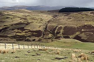 Earthwork by Druidhill Burn with Lowther hills in distance