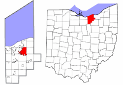 Location of Elyria in Lorain County and state of Ohio