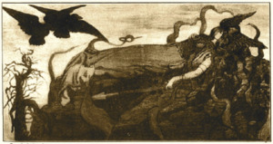 Margaret Fernie Eaton, Brunhilde Asleep, pyrography, 1902