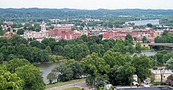 Downtown Marietta in July 2007, including the Muskingum River (foreground) and the Ohio River (background right)