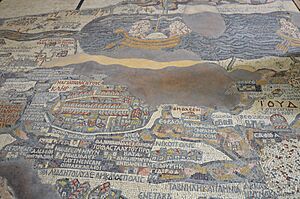 The Madaba Map, part of a floor mosaic in the early Byzantine church of Saint George depicting the Holy Land in the 6th century AD, Madaba, Jordan (34477807231)