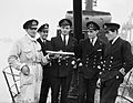 The officers of HM Submarine SERAPH on her return to Portsmouth after operations in the Mediterranean, 24 December 1943. A21112