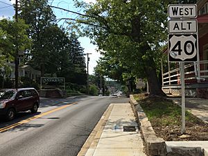 2016-07-29 16 15 24 View west along U.S. Route 40 Alternate (Baltimore Street) at High Street in Funkstown, Washington County, Maryland